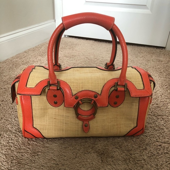 J. Crew Handbags - ❣️J Crew Straw Handbag with coral leather trim 😍